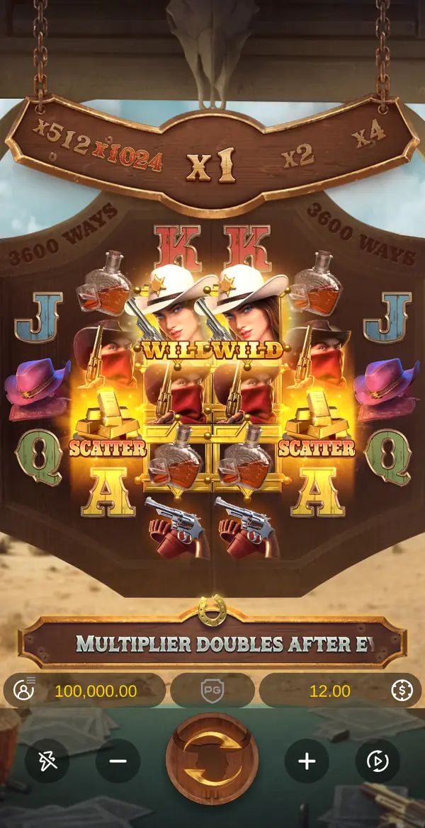 Wild Bounty Showdown reels with two sheriff Wilds and the x1 multiplier bar Wild Bounty Showdown reels with two sheriff Wilds and the x1 multiplier bar
